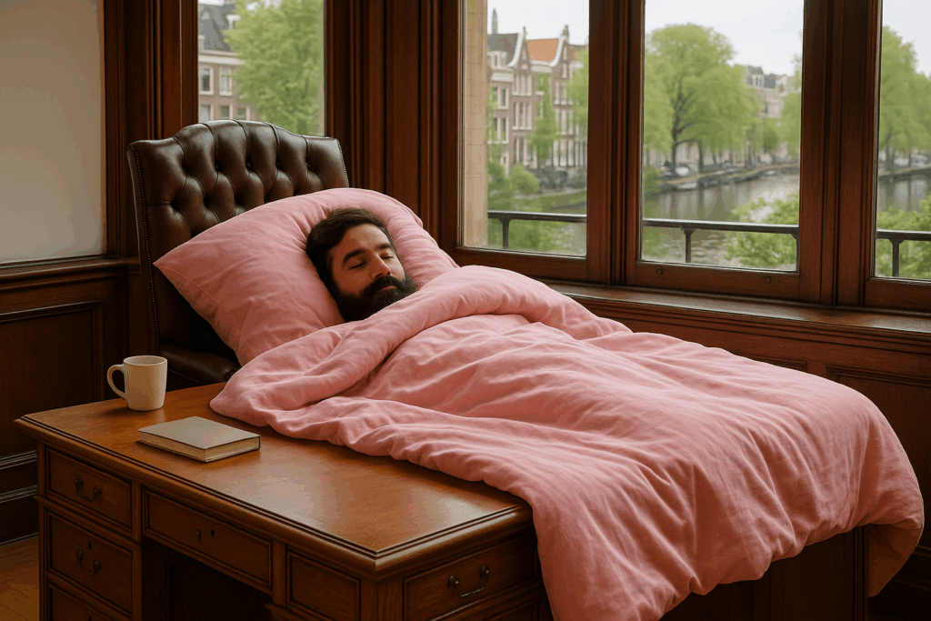 afbeelding: een statig houten bureau met roze dekens, en iemand die er stiekem al jaren onder ligt te herstellen.
Kijk, dát is pas een ander soort werkplekbeleid.
