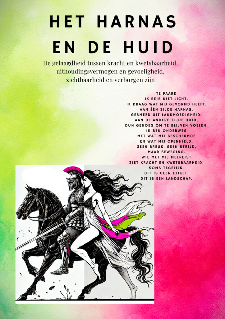 Het harnas en de huid
De gelaagdheid tussen kracht en kwetsbaarheid,
uithoudingsvermogen en gevoeligheid,
zichtbaarheid en verborgen zijn
Gedicht:
Te paard
Ik reis niet licht.
Ik draag wat mij gevormd heeft.
Aan één zijde harnas,
gesmeed uit lankmoedigheid.
Aan de andere zijde huid,
dun genoeg om te blijven voelen.
Ik ben onderweg
met wat mij beschermde
en wat mij openhield.
Geen breuk, geen strijd,
maar beweging.