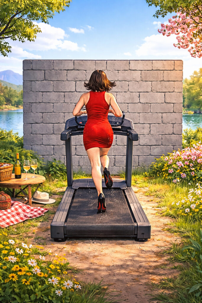 Een hardlopende vrouw in een rood jurkje op een loopband. Richting een doodlopende muur, maar rond die muur, een prachtige omgeving. Met een klein tafeltje daarop een fles wijn en een picknickmand. Bomen en bloemen. Een vredige uitstraling. Je ziet de vrouw op haar rug. Ze is slank, mooi gekleed en op hoge hakken. Je ziet hoe hard ze haar best doet. De muur is  grimmig. De loopband doet denken aan een grafzerk.