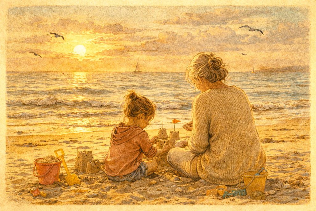 Een vrouw en een kind aan zee. Zandkastelen bouwend. Je ziet ze op de rug. Afbeelding als een oude ansichtkaart