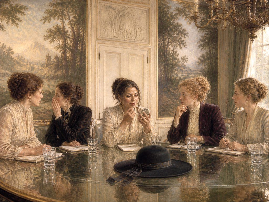 Afbeelding, vier dames aan een vergadertafel. De tweede van rechts is bezig met haar make-up. Een hoed ligt voor haar op tafel. Links van haar zit een dame te fluisteren, tegen de dame helemaal links aan de tafel. De afbeelding is als een  schilderij van de  prerafaëlieten. 