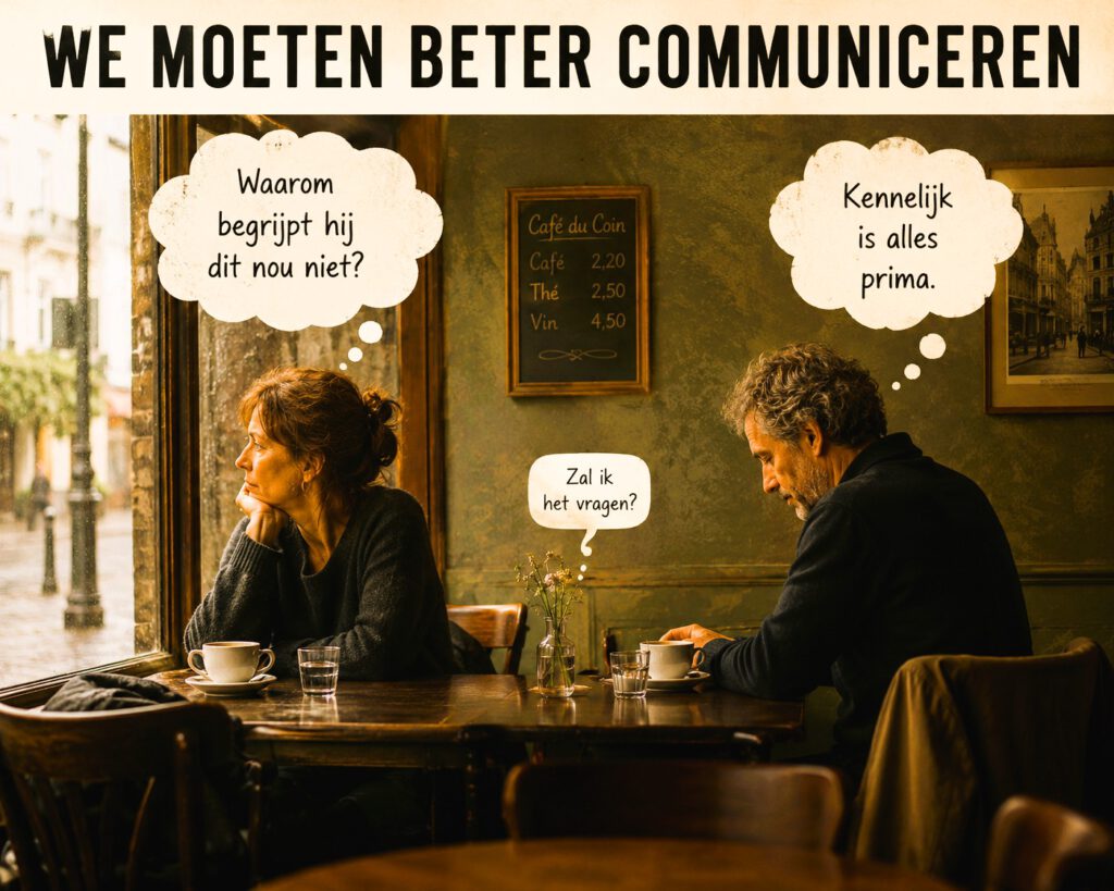 Een man en een vrouw zitten tegenover elkaar aan een cafétafel. Zij denkt: ‘Begrijpt hij dit nou niet?’, hij denkt: ‘Kennelijk is alles prima’, terwijl hij zich afvraagt: ‘Zal ik het vragen?’