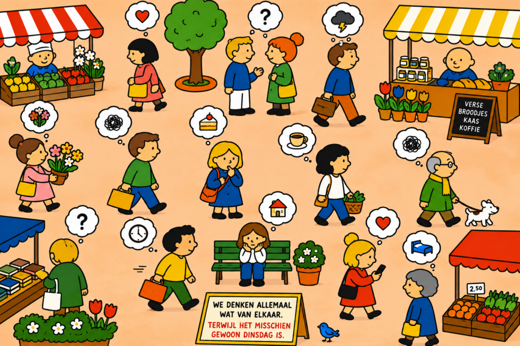 Een afbeelding van een marktplein met mensen onderweg die allemaal een gedachtewolkje hebben. Met een emotcon: hartje, vraagteken, donderwolk, bloemen, taart, klok, huis, bed.